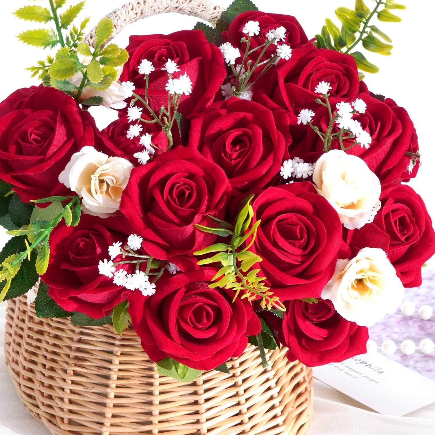 Bloomfinity:  50 Pcs Red Roses Artificial Flowers, Real Touch Velvet Roses Fake Flowers Bulk, Artificial Roses Bouquet with Long Stems Bridal DIY Wedding Party Centerpiece Decorations