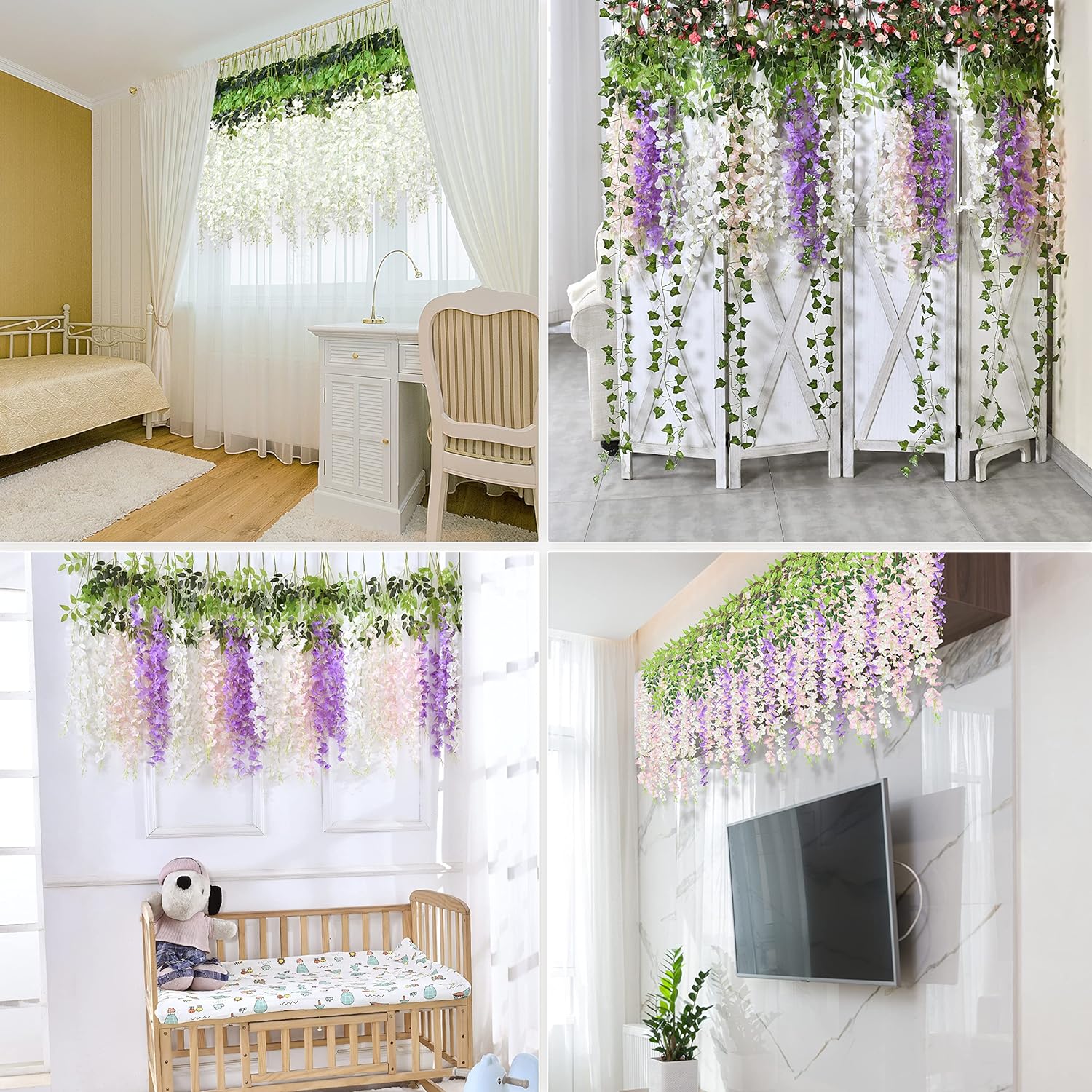 Bloomfinity:  36Pcs White & Purple Fake Wisteria Hanging Flowers, 3.6Ft/Pcs Artificial Wisteria Garland, Hanging Flowers for Wedding Party Home Backdrop Wall Decoration